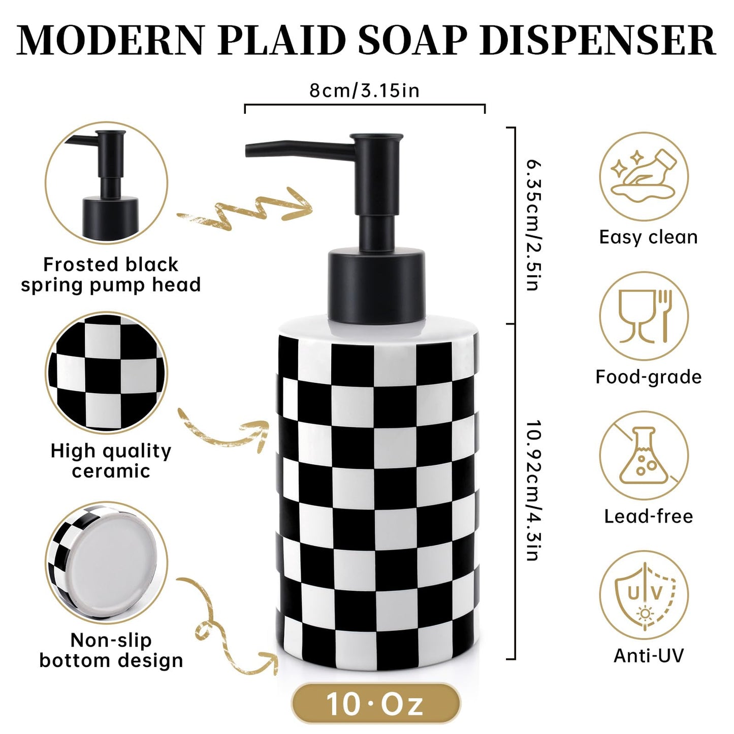 Soap Dispenser with Matte Black Pump, Ceramic Soap Dispenser Bathroom, Checkerboard Dish Soap Lotion Dispenser for Kitchen Sink, Black & White Plaid Refillable Liquid Hand Soap Bottle