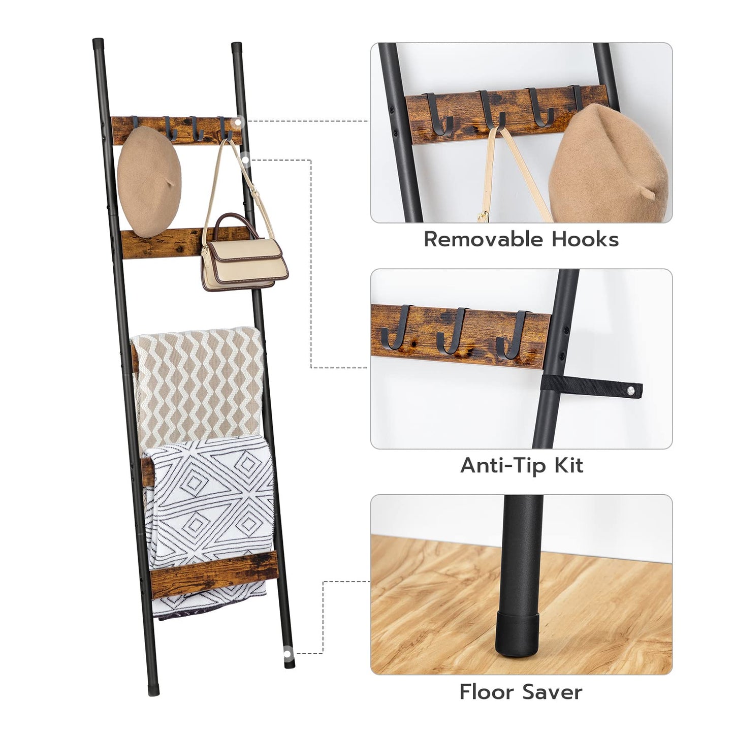 HOOBRO Blanket Ladder, 5-Tier Towel Rack with Hooks, Wall-Leaning Blanket Rack, Decorative Display Ladder Shelf, Scarves, Living Room, Bedroom, Bathroom BF52-51CJ01
