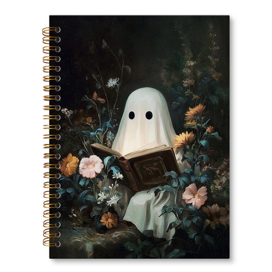 JRTW Halloween Ghost Floral Notebook Journal, Dark Moody Academia Ghost Reading Journal, Book Lovers Reader Gifts Notebooks for Note Taking, Halloween Cottagecore Floral Spiral Notebook 5.5x8.3 Inch