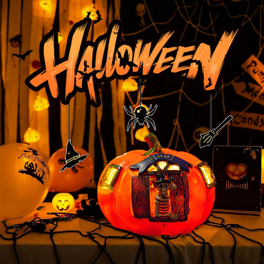 VGE Halloween Skull Pumpkin LED Lantern, Jack O Lantern Light Up Decor with Skeleton Design for Indoor Outdoor, Gothic Home Resin Pumpkin Lights Decor for Party Porch Garden Tabletops Mantel, Orange