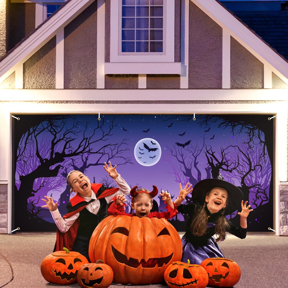 Lofaris 6x13ft Halloween Garage Door Cover Banner Purple Night Bat Full Moon Witch Graveyard Glowing Pumpkin Decor Outdoor Indoor Spooky Party Wall Window Yard Photography
