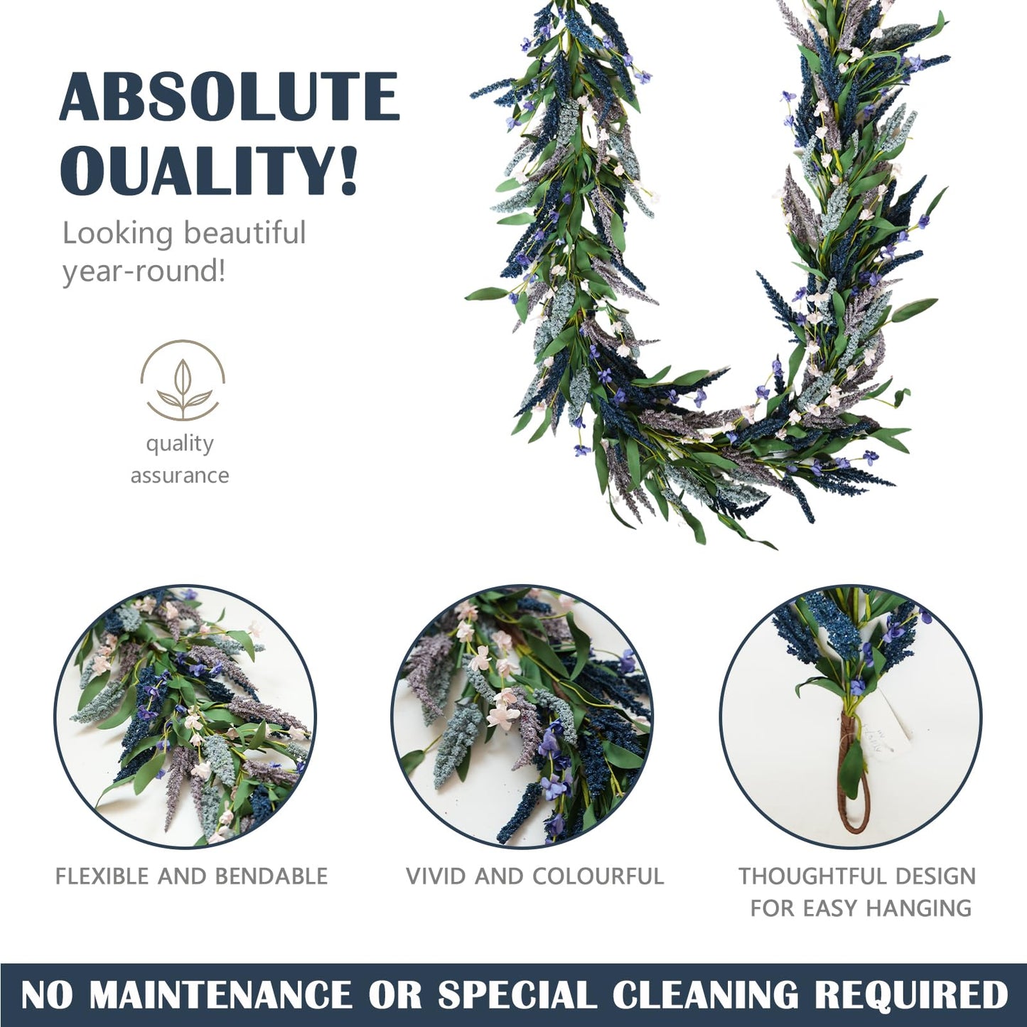 TEMPUS Artificial Lavender Garland 70 Inch | Faux Purple Flowers with Willow Leaves | Spring Wreath for Wedding Arch, Table Runner, Mantle Decor | Farmhouse Home Decorations