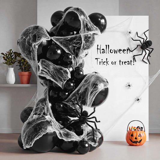 Gejoy 113 Pcs Halloween Balloon Garland Arch Kit with Spider Web and Spiders Spooky Halloween Party Decorations Black Latex Balloons Set Scary Birthday Backdrop for Haunted House Horror Party Supplies
