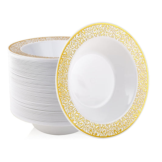 JOLLY PARTY 60 Disposable Gold Plastic Dessert Bowls, 12 oz Soup Bowls, Lace Christmas Thanksgiving Trim, Premium Heavy Duty Plastic Bowl for Wedding/Party (Gold)