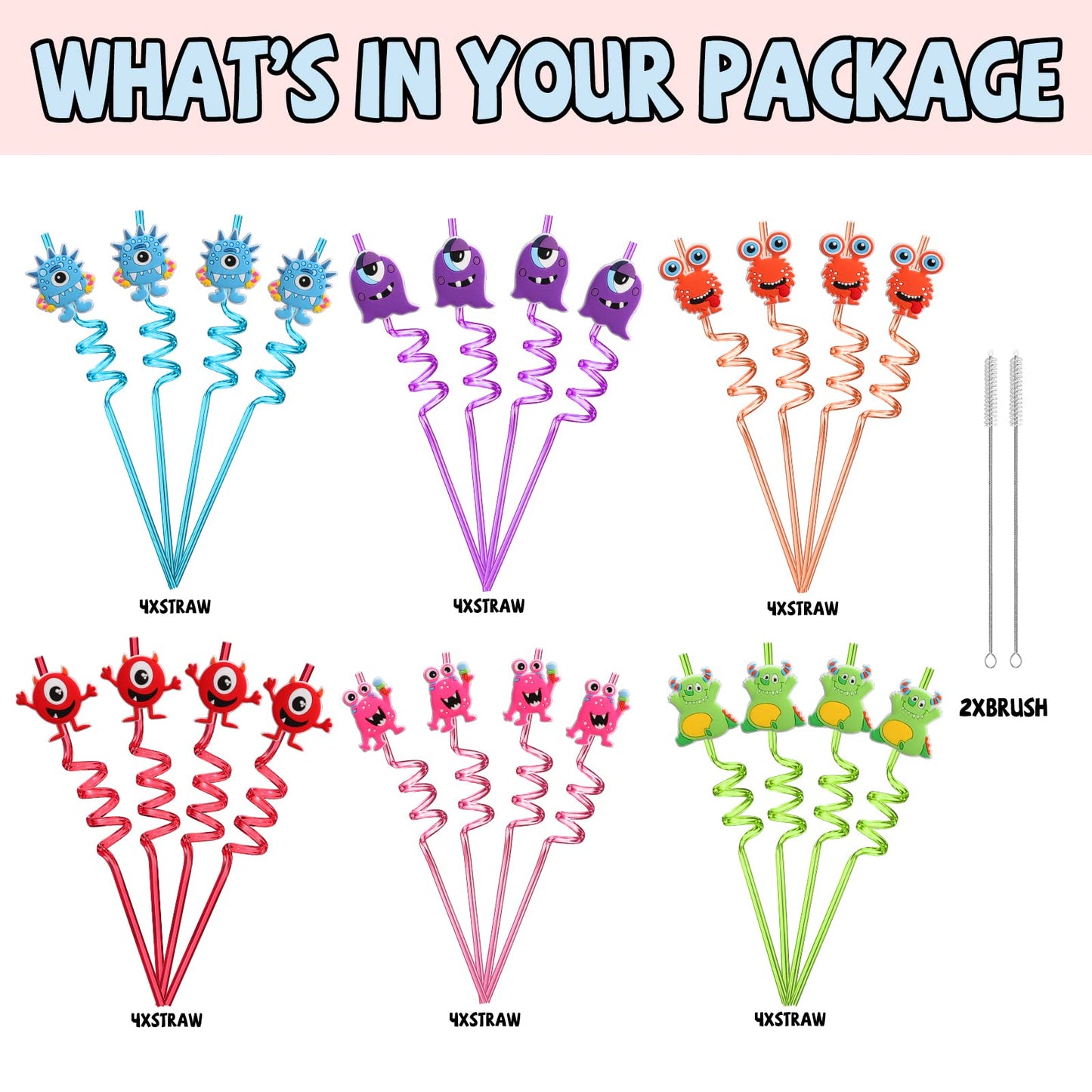 AFZMON 24 PCS Monster Drinking Straws Reusable Plastic Beverages Cocktail Straw with Cartoon Decoration for Kids Monster Party Supplies for Birthday Party Favors