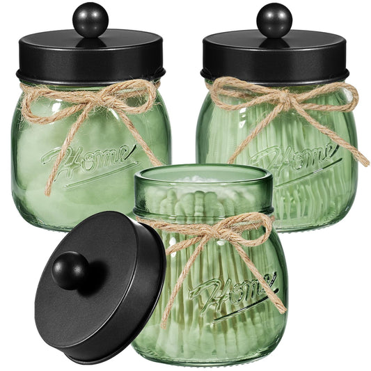 SheeChung Green Glass Qtip Holder Dispenser, Mason Jar Apothecary Jars with Lids, Bathroom Organizers and Storage, Vanity Countertop Canisters Set for Cotton Swab, Ball, Pad, Floss Pick-Black, 3 Pack