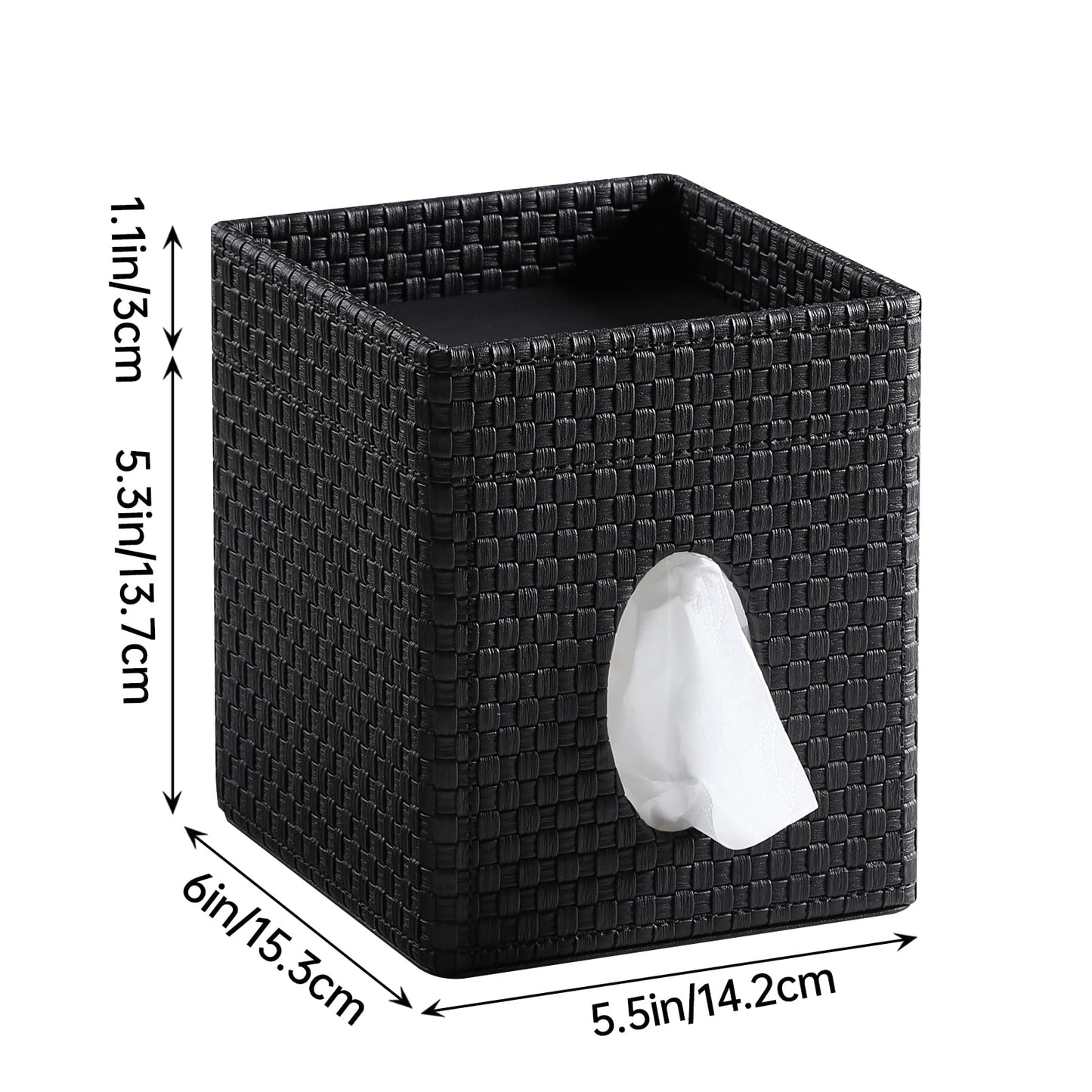 Square Tissue Box Cover, Stylish Leather Tissue Box Holder with Storage Tray, Decorative Tissue Rack Storage Box for Living Room, Bedroom, and Office Desk(Black Woven Pattern)