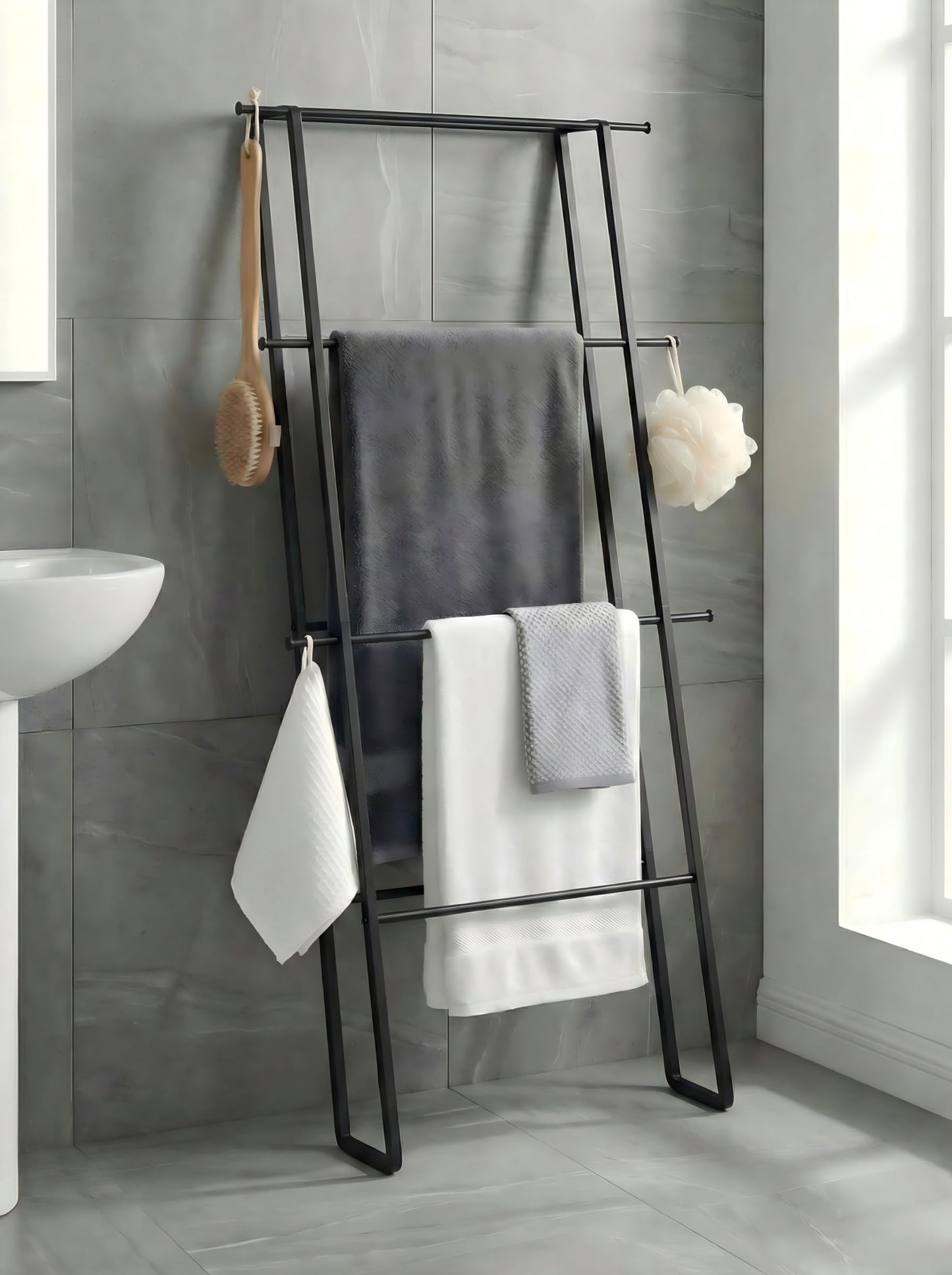 CANYAVE Metal Leaning Ladder Towel Rack, 4-Tier Blanket Stand for Bathroom Living Room, No Drilling Quilt Storage Organizer (Matte Black)
