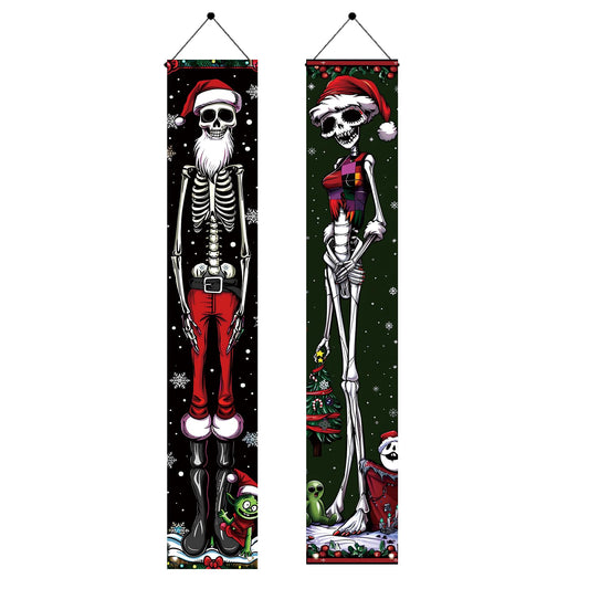 Saoplasa 2PCS Christmas Skeleton Porch Banner Decorations 71 x 12 Inch Holiday Skeleton Couple Front Door Hanging Sign Santa Hat Red Green Outfit Outdoor Wall Decor for Winter Party Yard Entrance