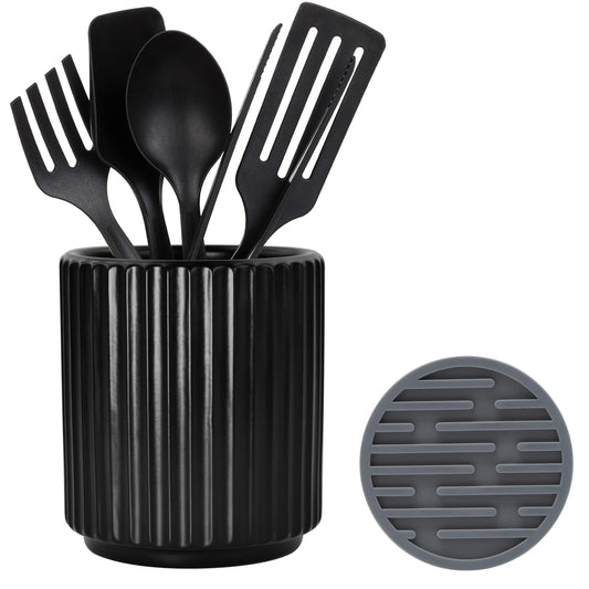 MONOSUGO Black Utensil Holder (H5.51” x W4.92”), Ceramic Utensil Crock, Cooking Spoon Holder for Kitchen, Spatula Holder for Counter, Includes Silicone Drying Mat, Black