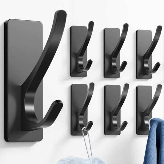 pickpiff Matt Black Self Adhesive Coat Hooks for Hanging: 13LB Extra Strong Stainless Wall Hook for Towel, Utensil, Backpack, Hat, Sturdy Metal Hanger for Bathroom, Kitchen, Door, 6-Pack