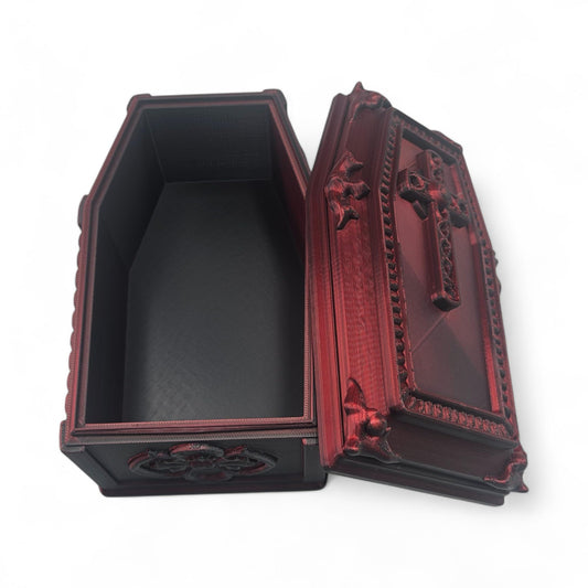 ZZ LIFE Coffin Display Container – Gothic Halloween Storage Box – Spooky Decorative Prop for Desk or Shelf – 3D Printed Creepy Organizer – Goth Inspired Display Case (Red/Black)