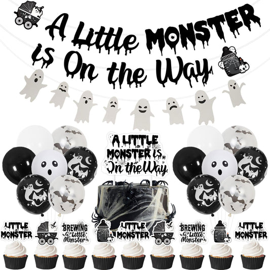 Halloween Gothic Baby Shower Decorations, A Little Monster is on the Way Banner Garland Ghost Bat Little Monster Cake and Cupcake Toppers Balloons Kit for Halloween a Baby Is Brewing Party Supplies