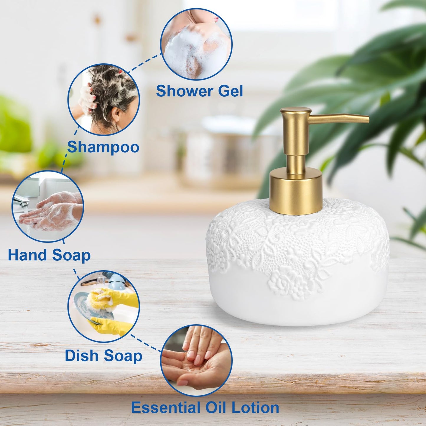 UHEY HOME Ceramic White Liquid Soap Dispenser with Embossed Design Look, Soap Dispenser with Rust-Proof Plastic Pump 13.5oz for Bathroom Kitchen