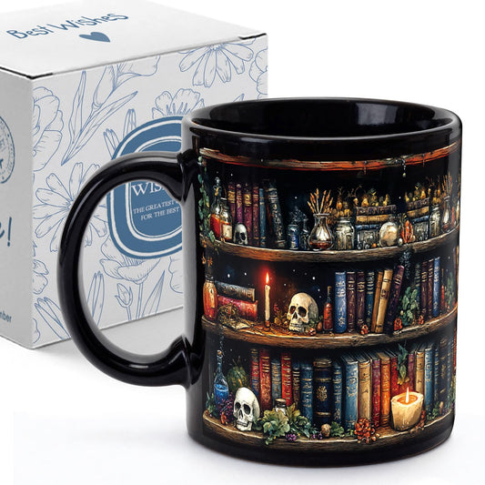 Palasarkaaa Skull Bookshelf Coffee Mug Gifts for Book Lovers Women, Witch, Goth Decor Halloween Cup With Skulls Cup Gothic Gift for Men, Dad, Mom