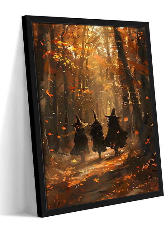 Framed Halloween Witch Wall Art - Autumn Forest Witch Canvas Print, Vintage Gothic Dark Academia Halloween Wall Decor, Spooky Fall Artwork for Bedroom Living Room Home 12x16in Wood Frame