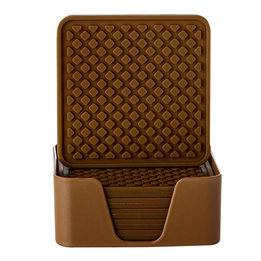 Colinda Silicone Drink Coasters with Holder, Set of 6, for Tabletop Protection and Office Desk, Cup Mat Set for Home Decor, Non-Slip and Non-Stick,Square, 4 Inch,Chocolate Brown