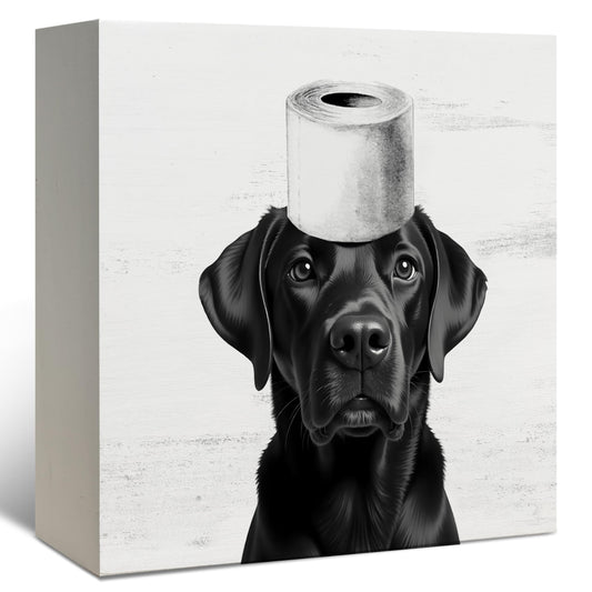 DAYOUER Black Labrador Bathroom Decor, Black Labrador Themed Gifts Wooden Box Sign, Funny Dog Wood Signs for Bathroom Toilet Restroom Counter Shelf Wall Decoration 5x5 Inch