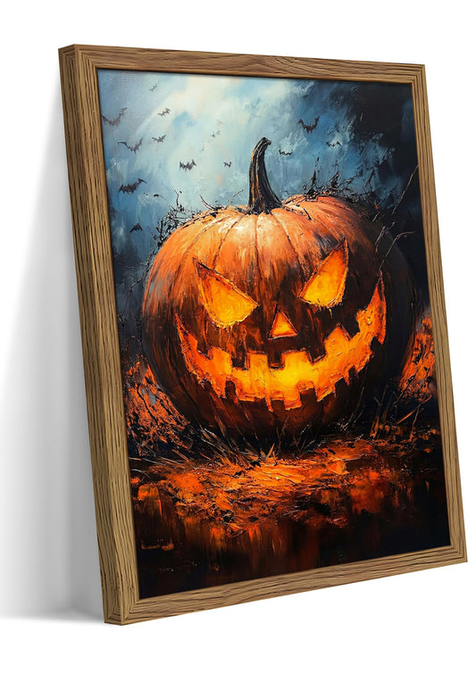 Framed Vintage Halloween Pumpkin Wall Art – Glowing Jack o Lantern Pictures Fall Wall Decor for Living Room, Spooky Bats Night Forest Art Prints for Bedroom Home 8x10 inch Wood Frame