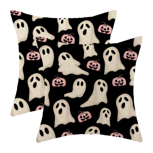 Halloween Pillow Covers 18x18 Inch Set of Black Pink Ghost Pumpkin Throw Pillow Covers Outdoor Decor,Autumn Halloween Decoration Ghost Farmhouse Linen Decorative Cushion Cover for Sofa Couch
