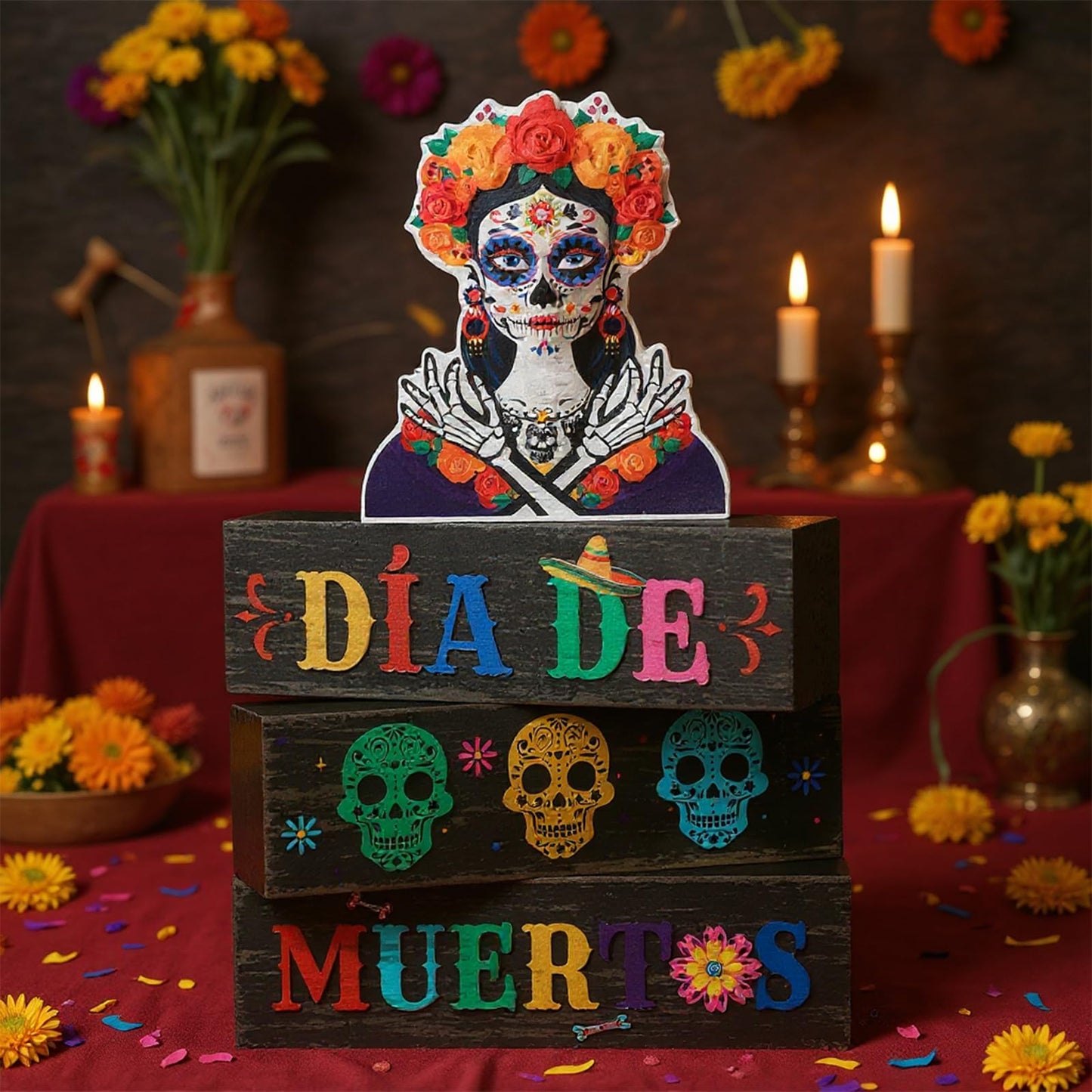 Capoda 4 Pcs Day of The Dead Table Decorations Dia De Los Muertos Tiered Tray Decor Mexican Skull Wood Tabletop 3D Desk Centerpiece for Halloween Fiesta Carnival Party Decoration Supplies