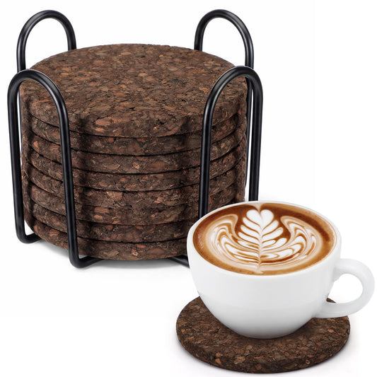 Acellegic 9 Set of Thick Dark Cork Coasters Heat Resistant Non Slip Drink Coaster with Black Holder Elegant Dark Cork Cup Pads for Coffee Tables Natural Wood Table Protectors