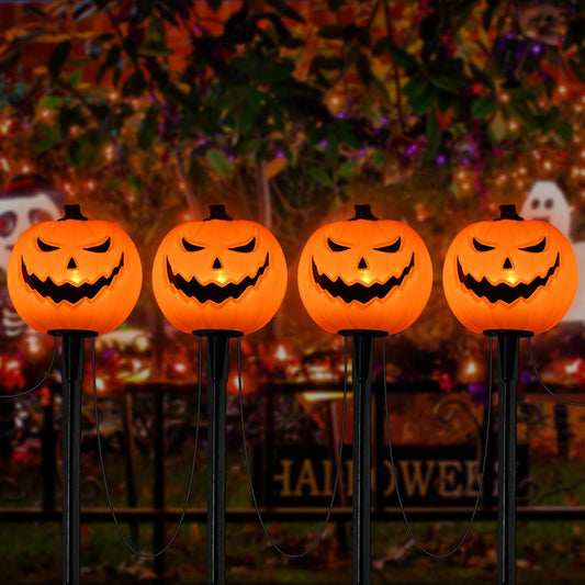 Halloween Decorations Outside - 7Ft LED Pumpkin Pathway Lights Plug in with 4 Pack LED Pumpkin Stake Lights Waterproof, for Halloween Outdoor Path Walkway Yard Lawn Landscape Decor, 0.6W