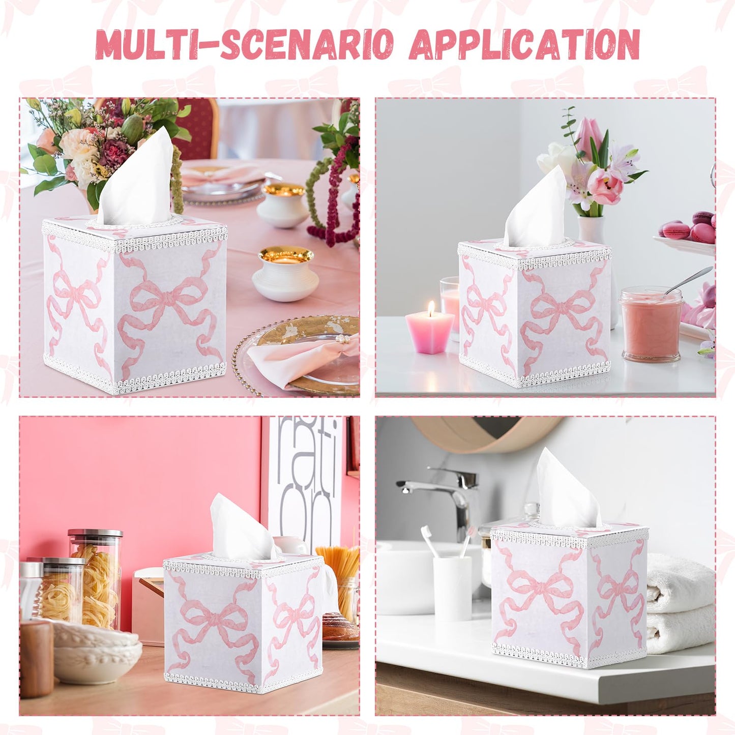 Jingmore Pink Bow Tissue Box Cover Cotton Luxury Coquette Tissue Holder with Magnetic Closure Square Cube Box Holder for Living Room Bathroom Table Desk Home Office Car Decor