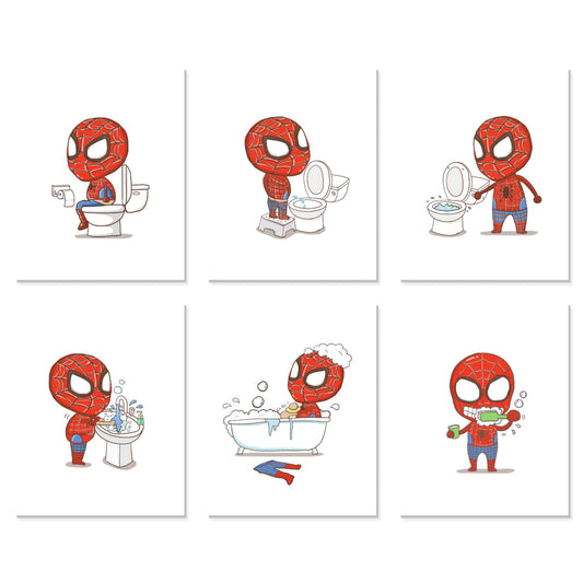 BigWig Prints Spider Man Bathroom Decor Makes Potty Training Fun Spiderman Kids Bathroom Wall Art Set Of 6 Unframed (8x10)