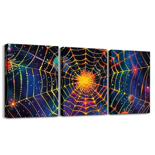 Spider Web Canvas Wall Artwork Decor,Halloween Spide Gothic Arachnid Animal Wall Painting for Boys Girls,Glitter Starry Sky Trippy Poster Pictures,Colorful 3 Pieces Framed Canvas Wall Art