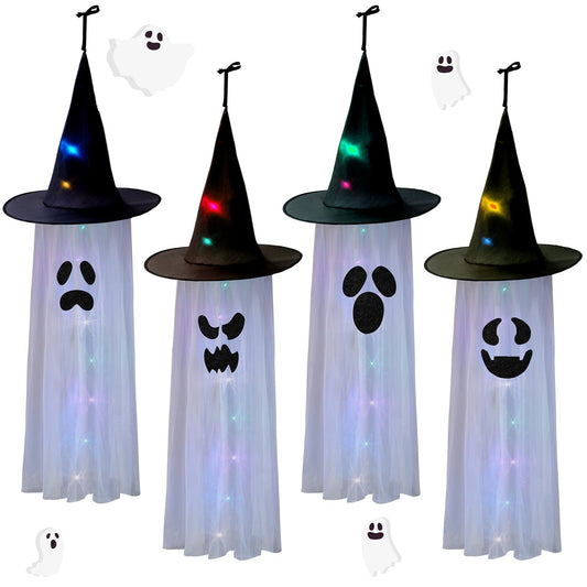 Honoson 4 Pcs 40 Inch Halloween Ghost Light Up Hanging Decor Cute Flying Ghost Party Decor Witch Hat Tree Hanging with Colorful LED Lights for Halloween Party Outdoor Yard Indoor (White,Stylish)