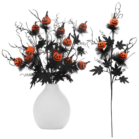 RoseCraft 5PCS Halloween Decorations, 19.5Inch Artificial Pumpkin Maple Leaf Floral Stems Halloween Branches Decoration, for Home Indoor Party Vase Arrangement Decor - Black/Orange.