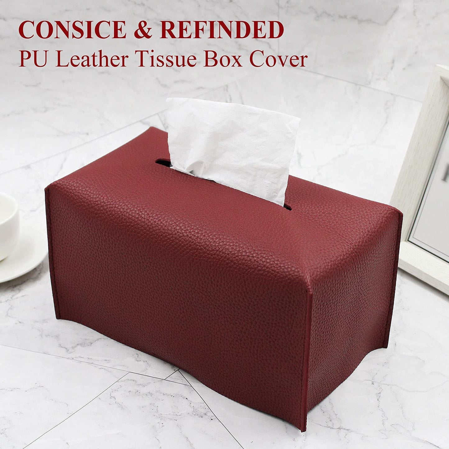 Livelab Tissue Box Cover, Modern Decorative PU Leather Rectangular Tissue Box Case Organizer Holder for Vanity Countertop, Night Stands, Livingroom, Office Desk & Car 9.5X5X5'' | Wine Red