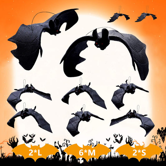 Halloween Hanging Bats Decorations, 10 pcs Creepy Flying Rubber Bats Decor & Caution Tape for Outdoor & Indoor, Realistic Looking Spooky Bats for Halloween Party Supplies Prank Toy Haunted House Decor