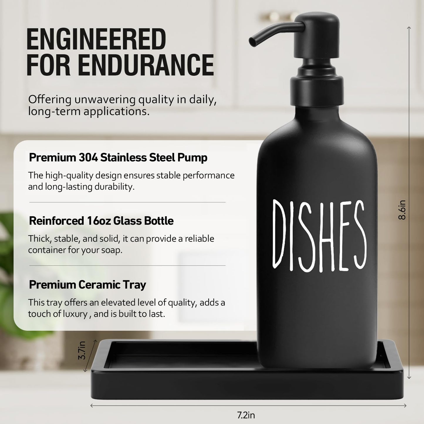 MOMEEMO Matte Black Soap Dispenser Set, Contains Dish Soap Dispenser for Kitchen and Hand Soap Dispenser with Ceramic Tray, Suitable for Black Kitchen Decor. (Black)