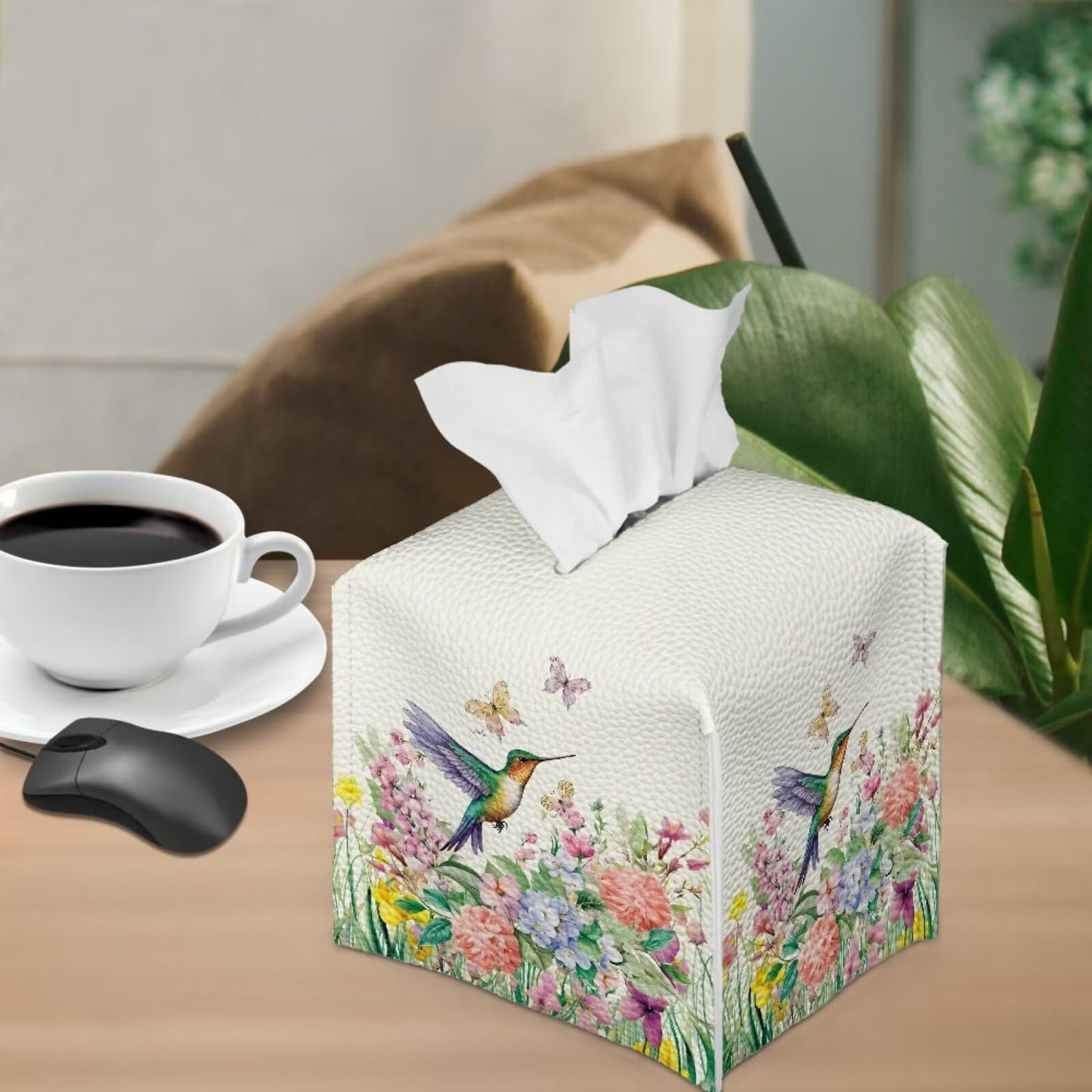 ZUXONGSY Hummingbird Tissue Box Cover Floral Leather Tissue Box Cover White Tissue Box Covers Cube for Countertop Tissue Boxes Bathroom Car