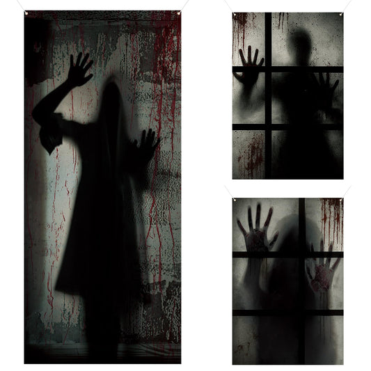DoubleFill 3 Pcs Halloween Window Door Covers Set Scary Ghost Curtain Halloween Window Silhouette House Curtain Horror Door Poster for Indoor Outdoor Party Wall Garage Decor