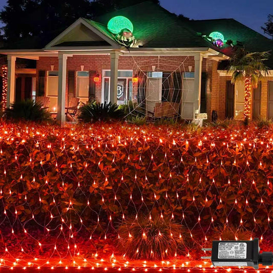 YEGUO Orange Halloween Lights, 12ft x 5ft 360 LED Net Lights Outdoor Mesh Lights, 8 Modes Clear Wire Christmas Bush Light Plug in