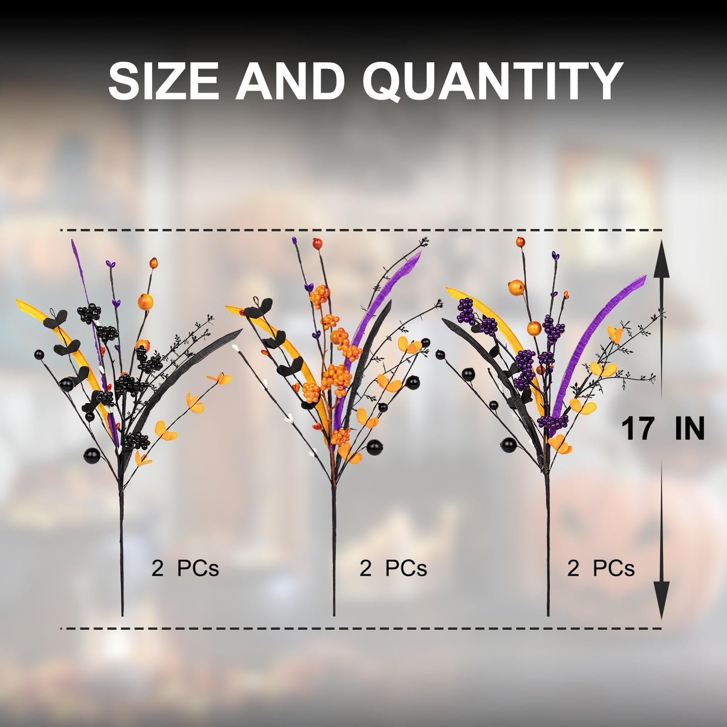 Yawwind 6 PCs Halloween Flowers Artificial 17 Inches Black Halloween Stems with Berry Branch Gothic Floral Picks for Vase Flower Arrangement Home Party Thanksgiving Harvest Decor
