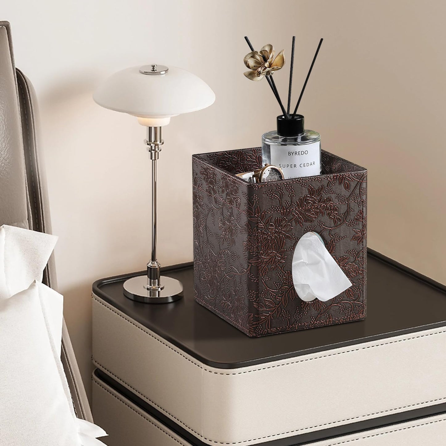 Square Tissue Box Cover, Stylish Leather Tissue Box Holder with Storage Tray, Decorative Tissue Rack Storage Box for Living Room, Bedroom, and Office Desk(Brown Grape Pattern)
