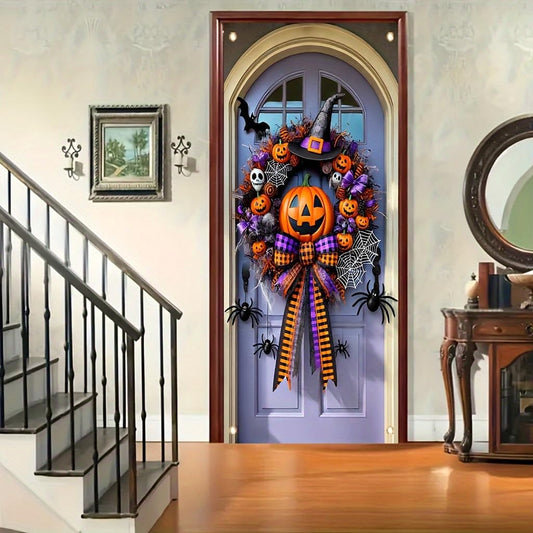 Tomhong Halloween Door Cover Pumpkin Witch Hat Design 71x35 Inch Holiday Decoration forFront Door Indoor Qutdoor Spooky Party Seasonal Entryway Haunted House Decor
