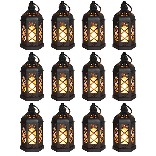 Reperla 12-Pack Mini Lanterns, Small Candle Lanterns Decorative, Black Tea Light Lantern, Ramadan Eid Decor, Table Centerpiece for Wedding Halloween Christmas, Easter Decorations, Battery Included