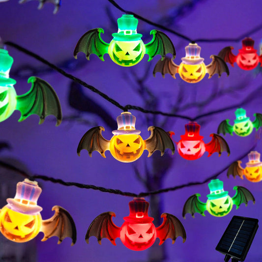 Solar Garden Lights for Halloween Decorations Outdoor,20LED 18Ft 3D Scary Devil Pumpkin Bat Solar String Lights, Unique Solar Lights Outside for Home Yard Garden Party Halloween Decor(Red Green White)