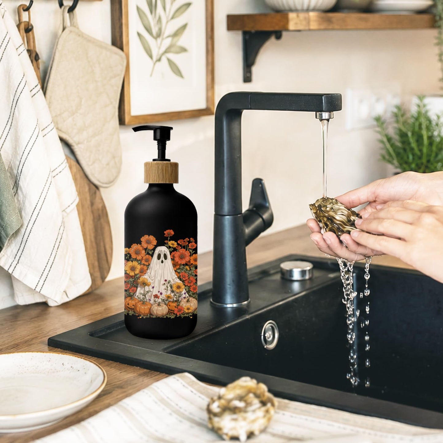 Stelloriellea Halloween Ghost Floral Glass Soap Dispenser with Pump
