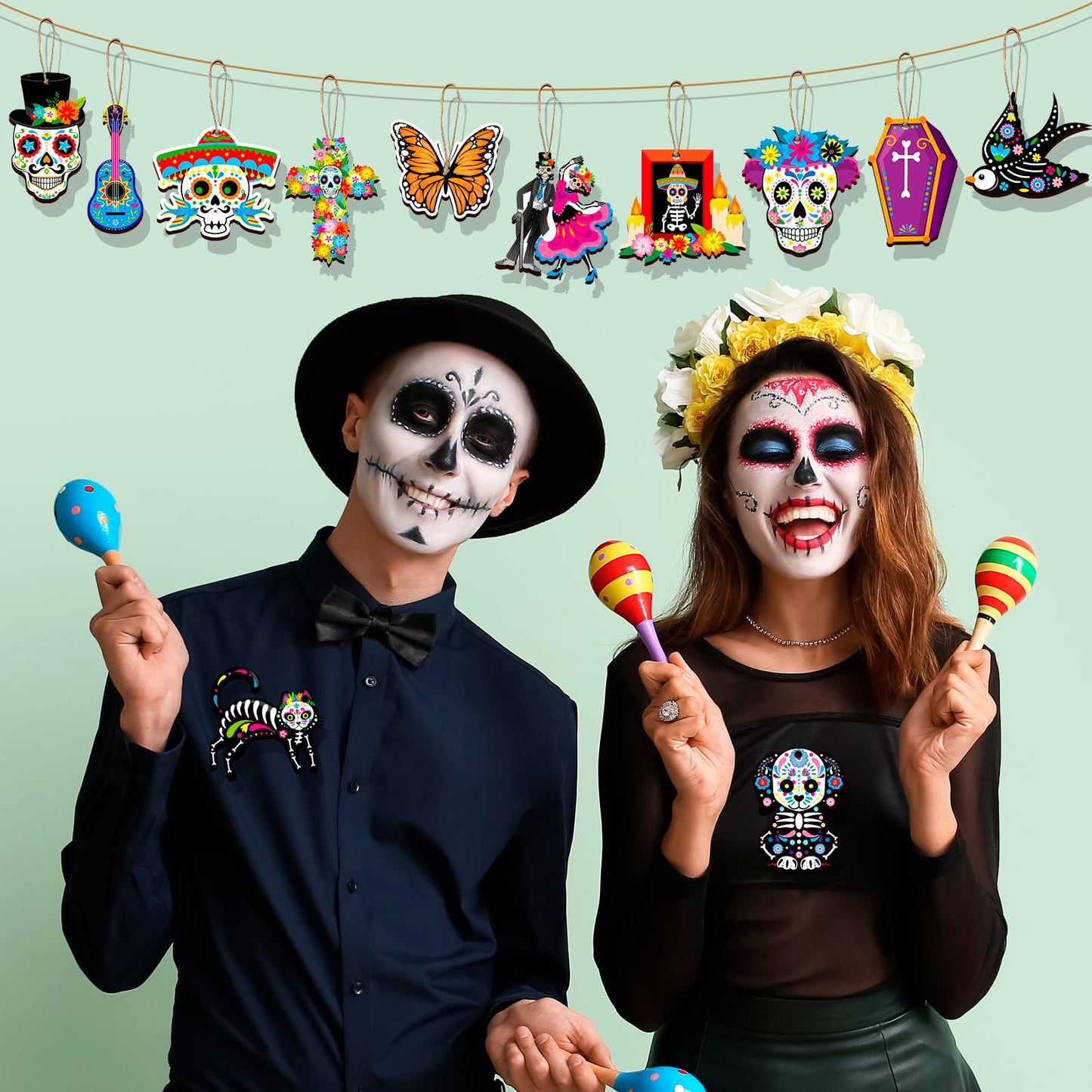 HOWAF 36pcs Day of The Dead Wood Ornaments, Dia De Los Muertos Decorations Hanging Wooden Sign for Mexican Dia de Los Muertos Altar Decor, Black Cats Sugar Skull Marigold Hanging Ornaments