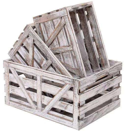 HTAYUXWO Wooden Crate Set of 3 Nesting Wooden Storage Crates for Storage,Farmhouse Decorative Storage Boxes with Cutout Handle for Home Organization,Display & Decor-White (Large Medium Small)