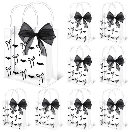 Whaline 12 Pcs Halloween Clear PVC Gift Bags with Handles Ribbon Black Bats Bow Coquette Party Favor Bags Trick or Treat Tote Candy Bag for Holiday Birthday Baby Shower Halloween Party Supplies