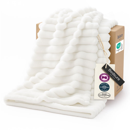 Bedsure GentleSoft White Throw Blanket for Couch - Birthday Gifts for Women Mom Her Girls, Cozy Fleece Blanket for Sofa Bed, Living Room Home Bedroom Decor Dorm Essentials, Off White, 50x60 Inches