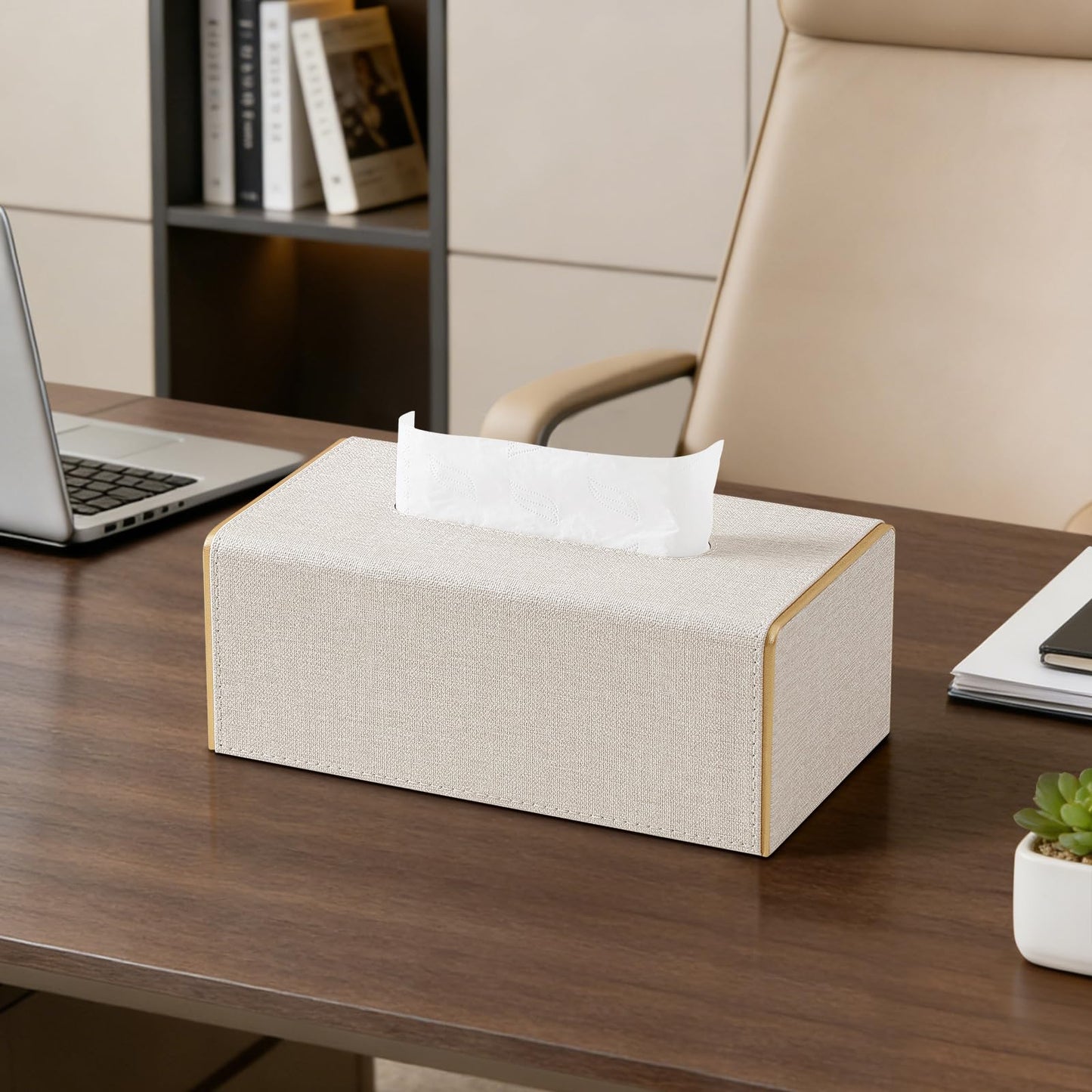 JLAMBOM Linen Tissue Box Cover Rectangle, 4 Sizes PU Leather Tissue Box Cover with Bottom, Decorative Tissue Holder for Bathroom Nightstand Car Office (Medium – Fits Tissue Boxes Up to 3.4" Tall)