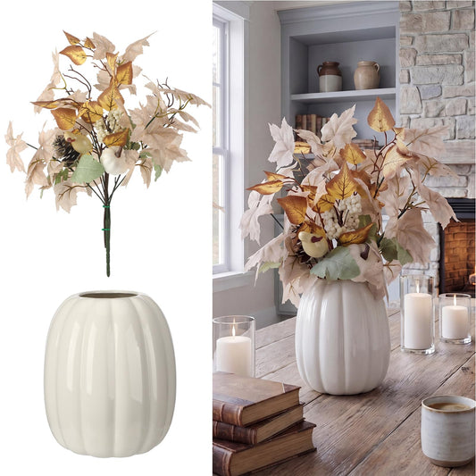 Beeveer Fall Table Centerpieces White Ceramic Pumpkin Vase Decor with Artificial Maple Leaves and Berries Thanksgiving Harvest Home Decor